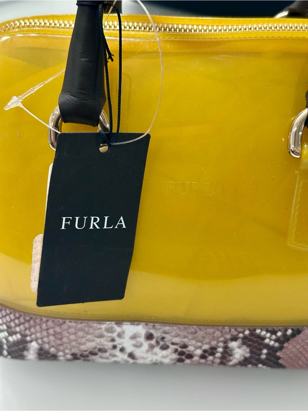 Furla Glossy Yellow Dome Satchel with Snake-Print Trim